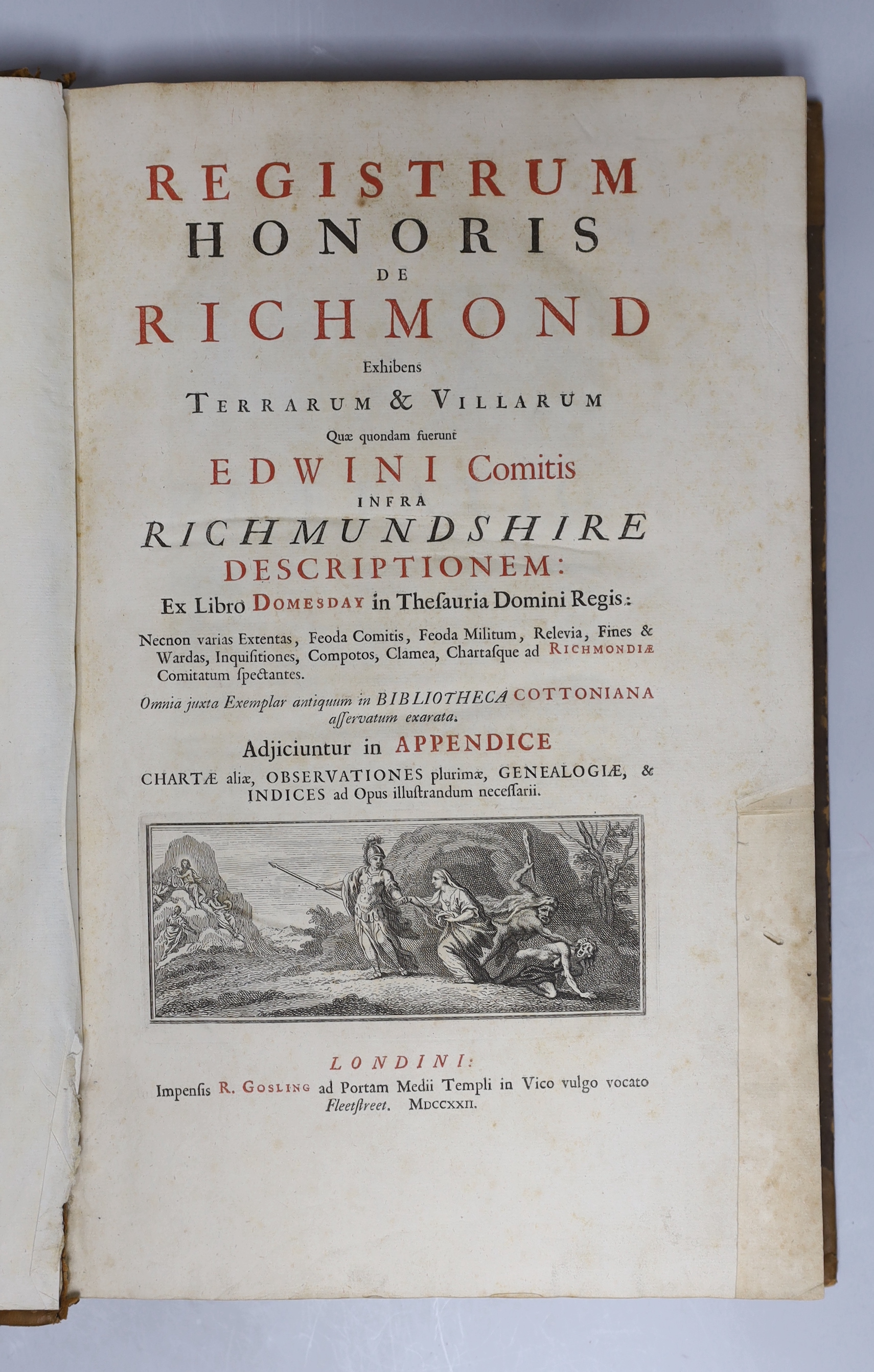 YORKSHIRE: [Gale, Roger - editor.] Registrum Honoris de Richmond Exhibens Terrarum & Villarum Quae quondam fuerunt Edwini Comitis infra Richmundshire, first edition, title in red and black with engraved vignette, 9 engra